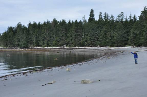 Praia rodeada de pinheiros na trilha de Metlakatla, na área de Prince Rupert, na British Columbia, oeste do Canadá